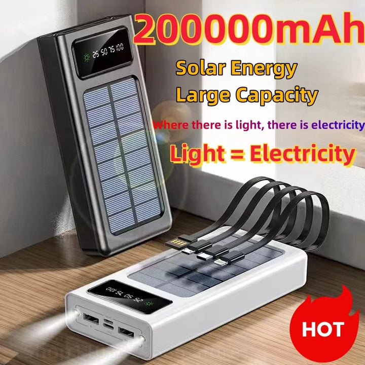 200000Mah Ultra-Large Capacity Power Bank Solar Charging Power Bank Comes with Four Wires Suitable for Samsung Apple Huawei